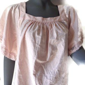 DOWNEAST Pink Cotton Peasant Blouse/ Top/ Crochet Trim/ Square Neck/ Size M